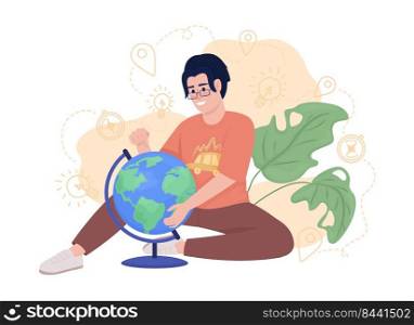 Excitement about travelling around world 2D vector isolated illustration. Smiling boy studying globe flat character on cartoon background. Colourful editable scene for mobile, website, presentation. Excitement about travelling around world 2D vector isolated illustration