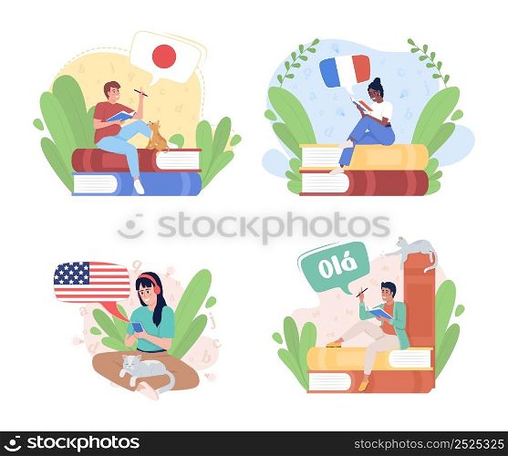 Exciting about learning language 2D vector isolated illustration set. Flat characters on cartoon background. Colourful scene collection for mobile, website. Lora, Nerko One Regular fonts used. Exciting about learning language 2D vector isolated illustration set