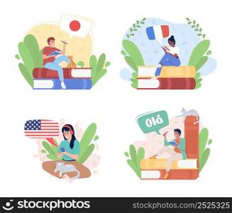 Exciting about learning language 2D vector isolated illustration set. Flat characters on cartoon background. Colourful scene collection for mobile, website. Lora, Nerko One Regular fonts used. Exciting about learning language 2D vector isolated illustration set