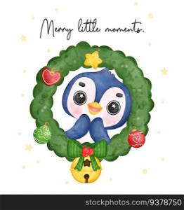 Exciting joyful Penguin Celebrating Christmas in a Festive Wreath, Merry Christmas little moment, Watercolor Cartoon. Exciting Smiles and Cheerful Holiday Vibes. Perfect for Cards, Invitations, and Decorations.