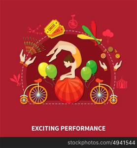 Exciting perfomance design vector illustration. Exciting perfomance concept with acrobat and circus artist vector illustration