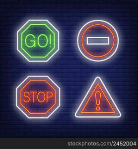 Exclamation mark, go and stop traffic neon signs set. Road signs or warnings design. Night bright neon sign, colorful billboard, light banner. Vector illustration in neon style.
