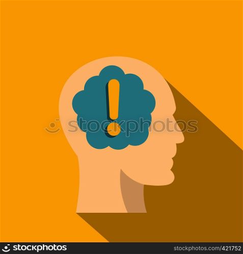 Exclamation mark inside human head icon. Flat illustration of exclamation mark inside human head vector icon for web isolated on yellow background. Exclamation mark inside human head icon flat style