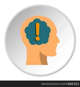 Exclamation mark inside human head icon in flat circle isolated on white background vector illustration for web. Exclamation mark inside human head icon circle