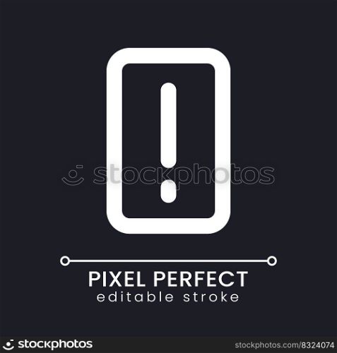 Exclamation mark pixel perfect white linear ui icon for dark theme. Require attention. Vector line pictogram. Isolated user interface symbol for night mode. Editable stroke. Poppins font used. Exclamation mark pixel perfect white linear ui icon for dark theme