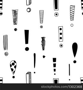 Exclamation mark seamless pattern on white background. Hand drawn vector elements.
