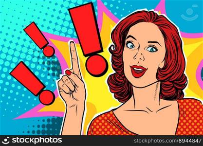 Exclamation point and happy pop art woman. Pop art retro vector illustration. Exclamation point and happy pop art woman