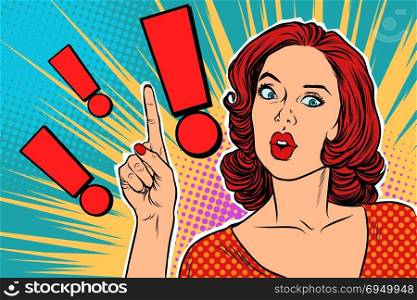 Exclamation point and surprised pop art woman. Pop art retro vector illustration. Exclamation point and surprised pop art woman