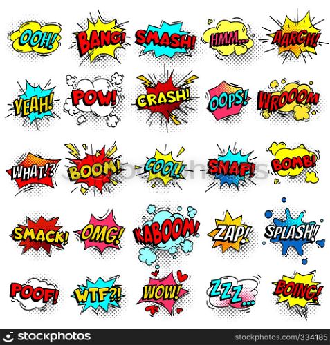 Exclamation texting comic signs on speech bubbles. Cartoon crash, pow, bomb, wham, oops and cool comic sign set. Funny comics words vector collection. Exclamation texting comic signs on speech bubbles. Cartoon crash, pow, bomb, wham, oops and cool comic sign vector set