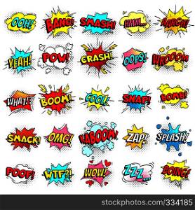 Exclamation texting comic signs on speech bubbles. Cartoon crash, pow, bomb, wham, oops and cool comic sign set. Funny comics words vector collection. Exclamation texting comic signs on speech bubbles. Cartoon crash, pow, bomb, wham, oops and cool comic sign vector set