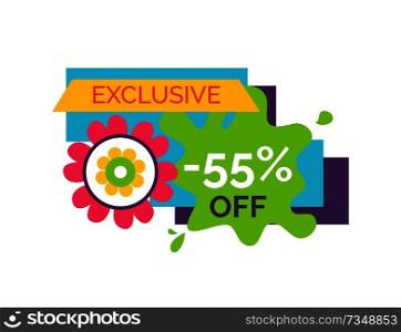 Exclusive 55 off premium label with flower bud, vector shopping sale sticker with blooming abstract plant in cartoon style, vector isolated on white. Exclusive 55 Off Premium Label Flower Bud, Vector