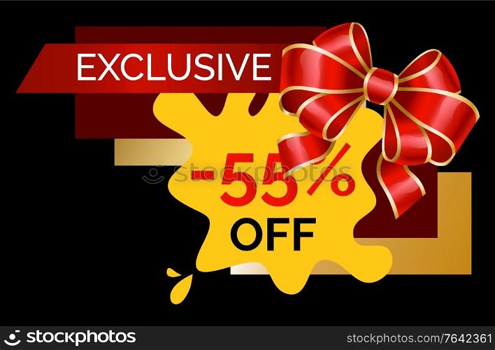 Exclusive 55 percent discount decorated by ribbon and bow symbol. Shopping poster with special promotion on holidays. Postcard with limited promo on black background, shopping flyer or card vector. Shopping Card Exclusive Discount, Holiday Vector