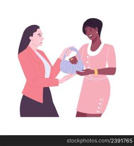 Exclusive clothing collection isolated cartoon vector illustrations. Clothing boutique business owner showing exclusive accessories to customer, trade profession, smart retail vector cartoon.. Exclusive clothing collection isolated cartoon vector illustrations.