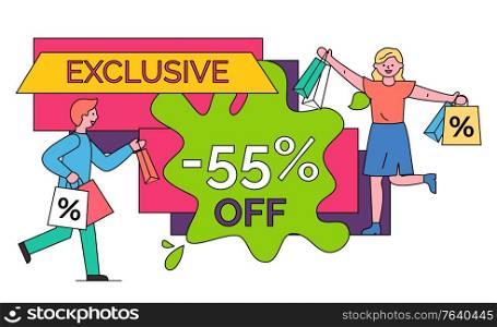 Exclusive deal from store vector, isolated banner with stripe and blot shape. Customers of shop with bags and packages. Shoppers with purchases bought on discounts and clearance flat style character. Exclusive Offer from Shop 55 Percent Off Banner