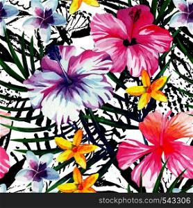 Exclusive fresh flowers tropic hibiscus, plumeria, and banana palm leaves hand drawn watercolor. Print fashion hawaii jungle floral seamless vector pattern on black and white background