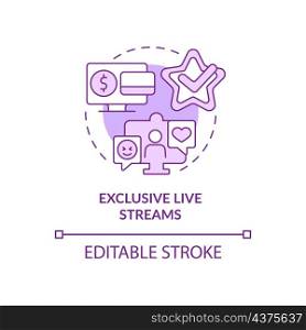 Exclusive live stream purple concept icon. Paid subscription benefits abstract idea thin line illustration. Isolated outline drawing. Editable stroke. Roboto-Medium, Myriad Pro-Bold fonts used. Exclusive live stream purple concept icon