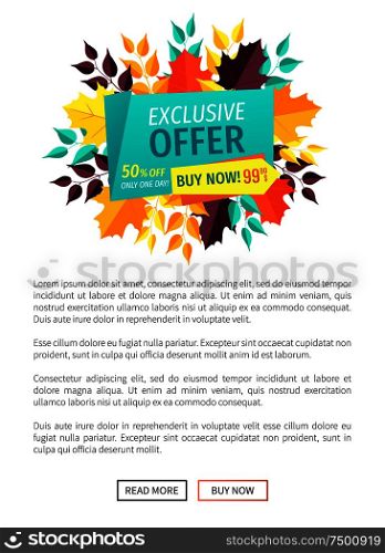 Exclusive offer buy now poster only one day. Merchandise of shop with special reduction autumnal promotion quality products and autumn leaves vector. Exclusive Offer Buy Now Poster Vector Illustration