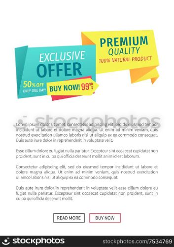 Exclusive offer buy now poster with text sample and web button. Sale discount of shop premium quality of natural products. Only one day price vector. Exclusive Offer Buy Now Poster Vector Illustration