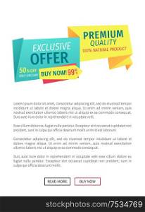 Exclusive offer buy now poster with text sample and web button. Sale discount of shop premium quality of natural products. Only one day price vector. Exclusive Offer Buy Now Poster Vector Illustration