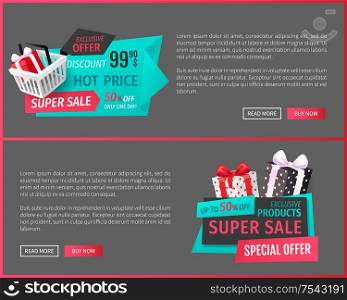 Exclusive offer, discount on shop products web pages with text sample vector. Presents and gifts with bows. Store advertisement, super sale clearance. Exclusive Offer, Discount on Shop Products Web