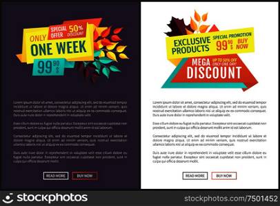 Exclusive offer sale discount only one week. Posters set ornate with fallen autumn leaves. Proposition shopping reduction and offers of stores vector. Exclusive Offer Sale Discount Vector Illustration