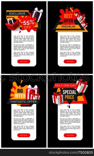 Exclusive price off sale, sellout posters. Promotion and offers, shop stores clearance. Tags with balloons and presents in boxes, web site templates. Exclusive Price Off Sale Sellout Posters Promotion