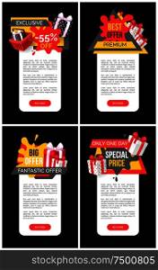 Exclusive price off sale, sellout posters. Promotion and offers, shop stores clearance. Tags with balloons and presents in boxes, web site templates. Exclusive Price Off Sale Sellout Posters Promotion