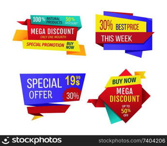 Exclusive product mega discount set. Only week special proposal super offer and natural products sales. Promotion buy now banners isolated on vector. Exclusive Product Discount Vector Illustration