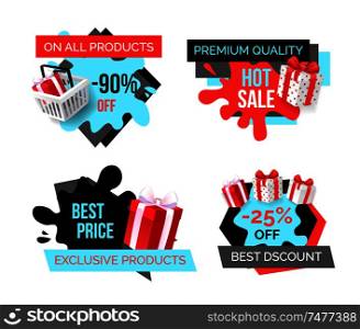 Exclusive products, best price 25 percent lower vector. Banners with sale and discounts, deal propositions, clearance of shops and stores. Gift boxes. Exclusive Products, Best Price 25 Percent Lower