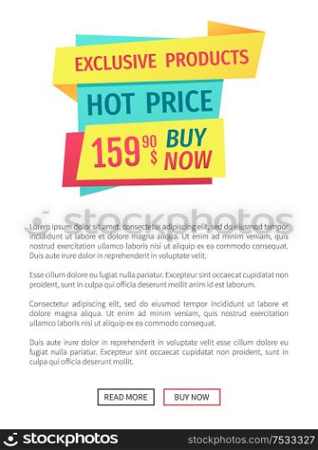 Exclusive products for hot price to buy now e-commerce advertising label element in landing page. Shop or store website profile with geometric banner.. Shop or Store Sale Landing Page with Text Sample