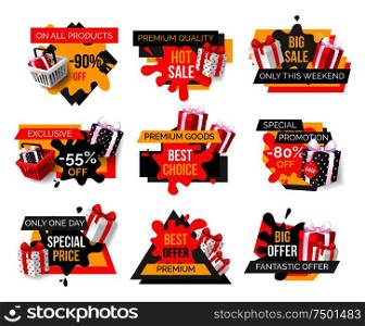 Exclusive products, hot sale discounts offers vector. Basket with gifts boxes, clearance and promotion, exclusive products sellout. Shop proposals. Exclusive Products, Hot Sale Discounts Offers