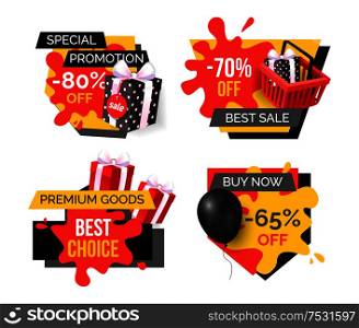 Exclusive products, hot sale discounts offers vector. Basket with gifts boxes, clearance and promotion, exclusive products sellout. Shop proposals. Exclusive Products, Hot Sale Discounts Offers