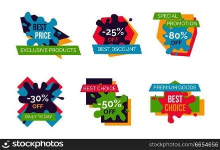Exclusive products huge sale bright advertisement logotypes set with signs on paint blots isolated vector illustrations on white background.. Exclusive Products Huge Sale Bright Logotypes Set