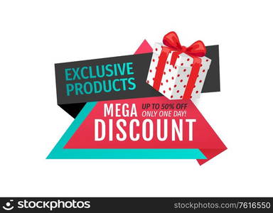 Exclusive products, mega discounts half of cost off vector. Special promotion, offer sale on presents in boxes bows. Clearance promo banner proposal. Exclusive Products, Mega Discounts Half Cost Off