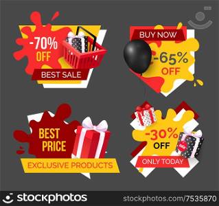 Exclusive products sellout, isolated banners of shops vector. Shopping on sales and discounts, purchasing with coupons, price reduction and promotion. Exclusive Products Sellout Banners of Shops Set