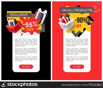 Exclusive products sellout up to 90 percent off price vector web site templates. Presents and gifts in shopping basket, clearance of shops, sale goods. Exclusive Products Sellout Up to 90 Percent Off