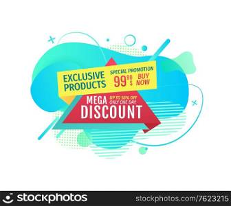 Exclusive products vector, mega discount promotional banners of shops in flat style. Coupon for shopping on reduced prices. Super sale offer cost. Exclusive Products Mega Discounts on Shop Banner