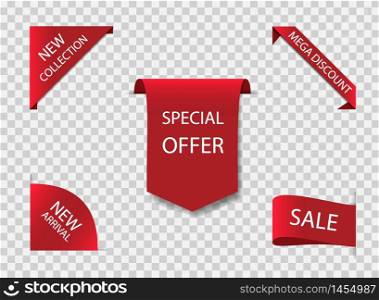 Exclusive red ribbon or label for offer sale. New collection of sale tag, stickers. Ribbon for note for discount of retail. Sticker banner on transparent background. vector illustration eps 10. Exclusive red ribbon or label for offer sale. New collection of sale tag, stickers. Ribbon for note for discount of retail. Sticker banner on transparent background. vector illustration