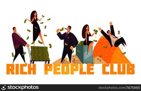 Exclusive rich people celebrities club header with millionaire sliding from money heap horizontal composition cartoon vector illustration