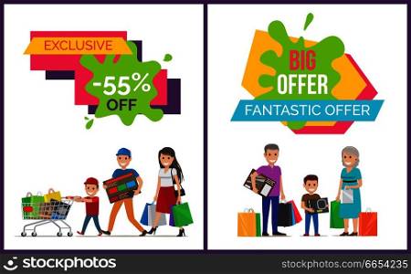 Exclusive sale fantastic offer promotion with happy families with purchases on white background. Vector illustration with sale advert and smiling people. Exclusive Sale Fantastic Offer Vector Illustration