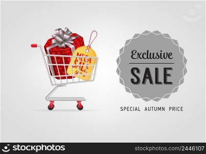 Exclusive sale lettering with gift box in shopping cart. Autumn offer or sale advertising design. Handwritten and typed text, calligraphy. For leaflets, brochures, invitations, posters or banners.