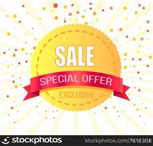 Exclusive sale special offer round golden label with red ribbon on background of confetti dots. Vector circle tag with price off info, advertisement offer. Exclusive Sale Special Offer Round Golden Label