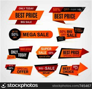 Exclusive sale supermarket price promo tag super mega big sales campaign special offer discount colorful shop pricing marketing label vector sticker isolated icon illustration set. Exclusive sale supermarket price tag vector sticker set