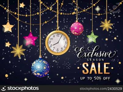 Exclusive season sale up to fifty percent lettering with hanging baubles, stars, watch and strings of beads. Calligraphic inscription can be used for leaflets, festive design, posters, banners.