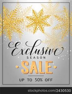 Exclusive season sale up to fifty percent lettering with snowflakes on grey background. Inscription can be used for leaflets, festive design, posters, banners.
