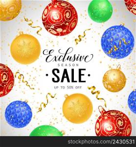 Exclusive season sale up to fifty percent off lettering with baubles and gold streamer. Calligraphic inscription can be used for leaflets, festive design, posters, banners.