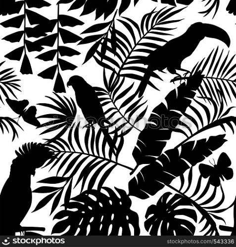 Exclusive silhouette paradise tropic jungle of plants and birds. Trendy animal toucan, parrot, macaw, butterfly and leaves of banana palm. Seamless vector pattern in black style on a white background