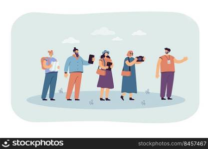 Excursion group following guide with gadgets and map. Flat vector illustration.  Happy tourists travelling, visiting museums, cities, sightseeing. Vacation, travel, tourism concept for banner design