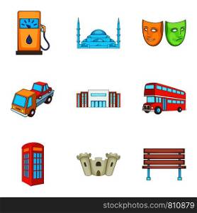 Excursion icons set. Cartoon set of 9 excursion vector icons for web isolated on white background. Excursion icons set, cartoon style