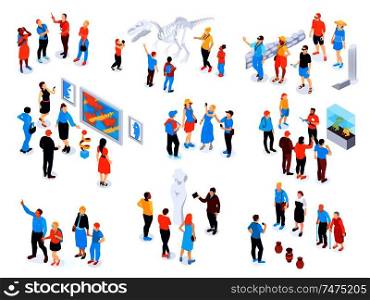 Excursion isometric set of guide and tourists in museum picture gallery exhibition and outdoors vector illustration